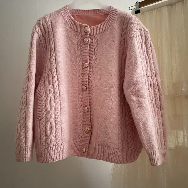 handmade cable knit babypink cardigan