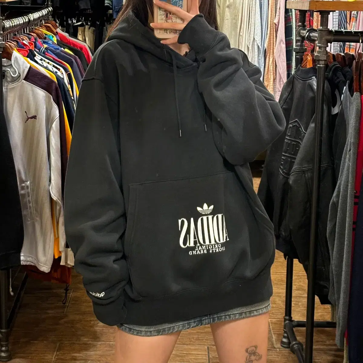 [HI] ADIDAS 아디다스 블랙 트레포일 불꽃마크 후드티 (2XL)