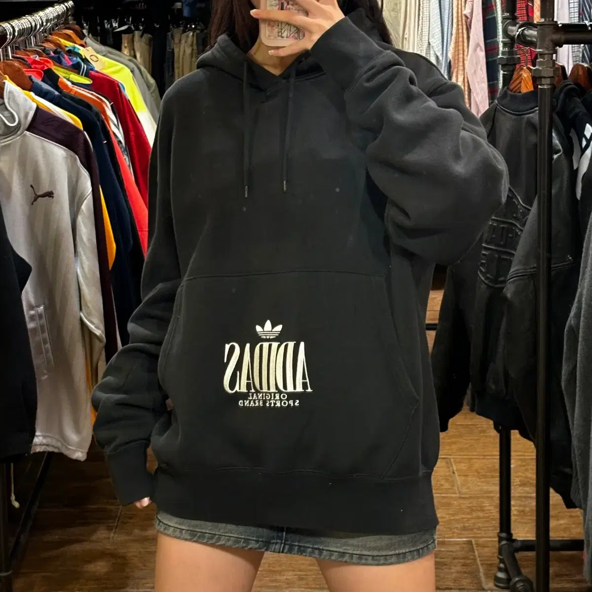 [HI] ADIDAS 아디다스 블랙 트레포일 불꽃마크 후드티 (2XL)