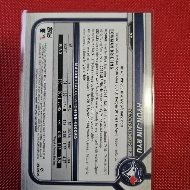 류현진 2022 Bowman base 카드