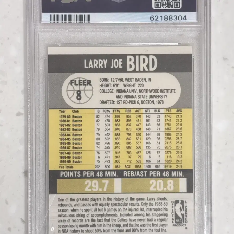 1990 FLEER 보스턴 셀틱스 래리버드 PSA9