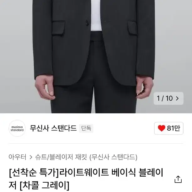 무신사스탠다드 베이식 블레이저 차콜그레이 XL