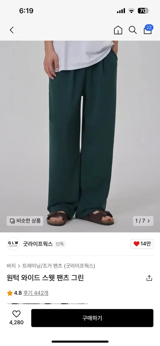 (M) One-Tuck Wide Sweatpants Green Color GoodlifeWorks