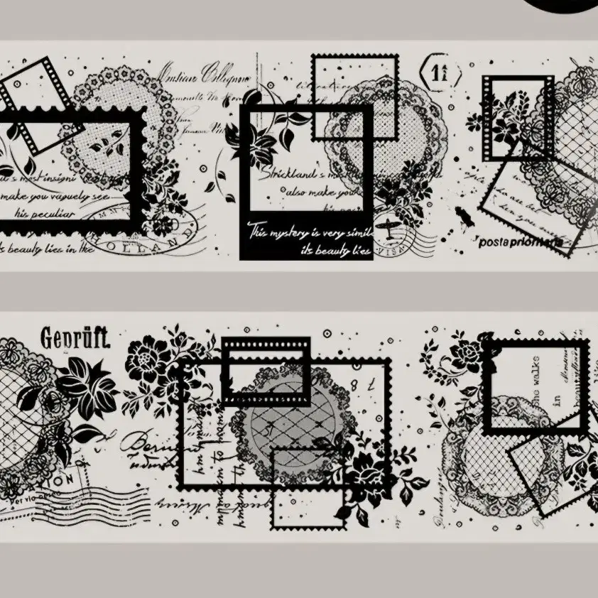 [소분]흑백 라인 레이스 스탬프 레터링 빈티지 다꾸 마스킹테이프 마테
