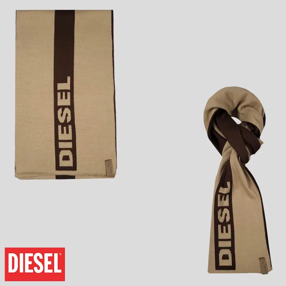 Diesel Beige Brown Two-Tone Spellout Colorway Tab Logo acrylic Non-Tassel Shawl Muffle