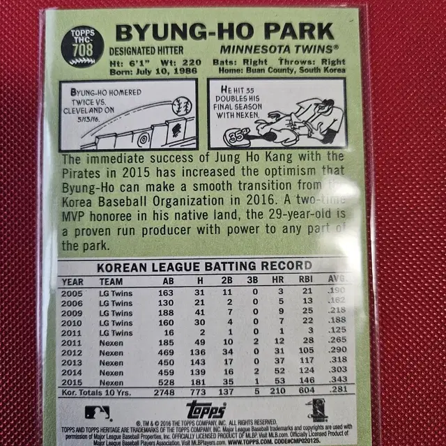 박병호 Topps Heritage RC 퍼플 리플렉터 카드