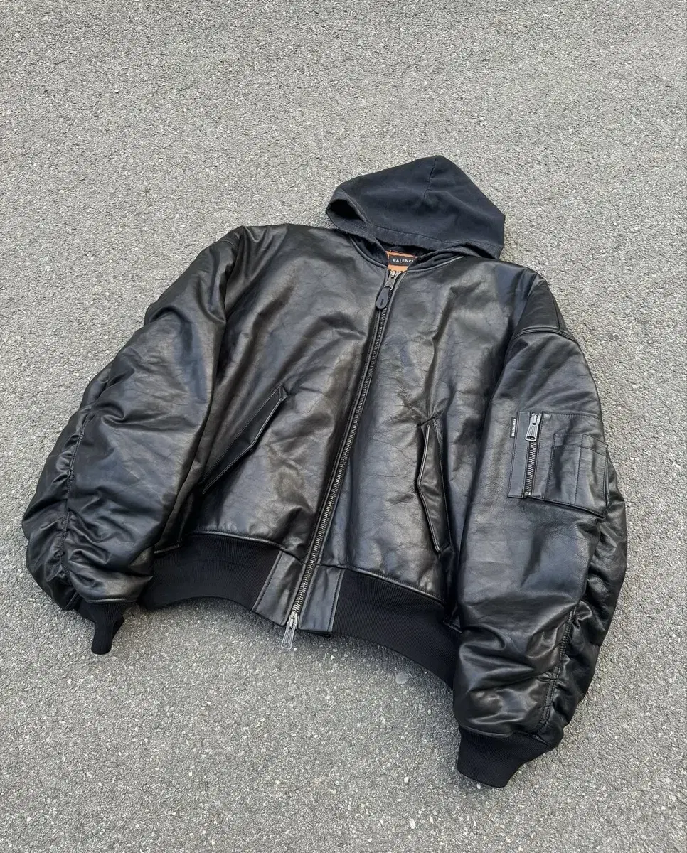 (S)Balenciaga Hooded leather bomber jacket