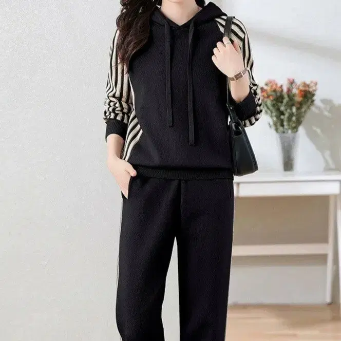 Sideways Hooded Pants Knit Two-Piece Set