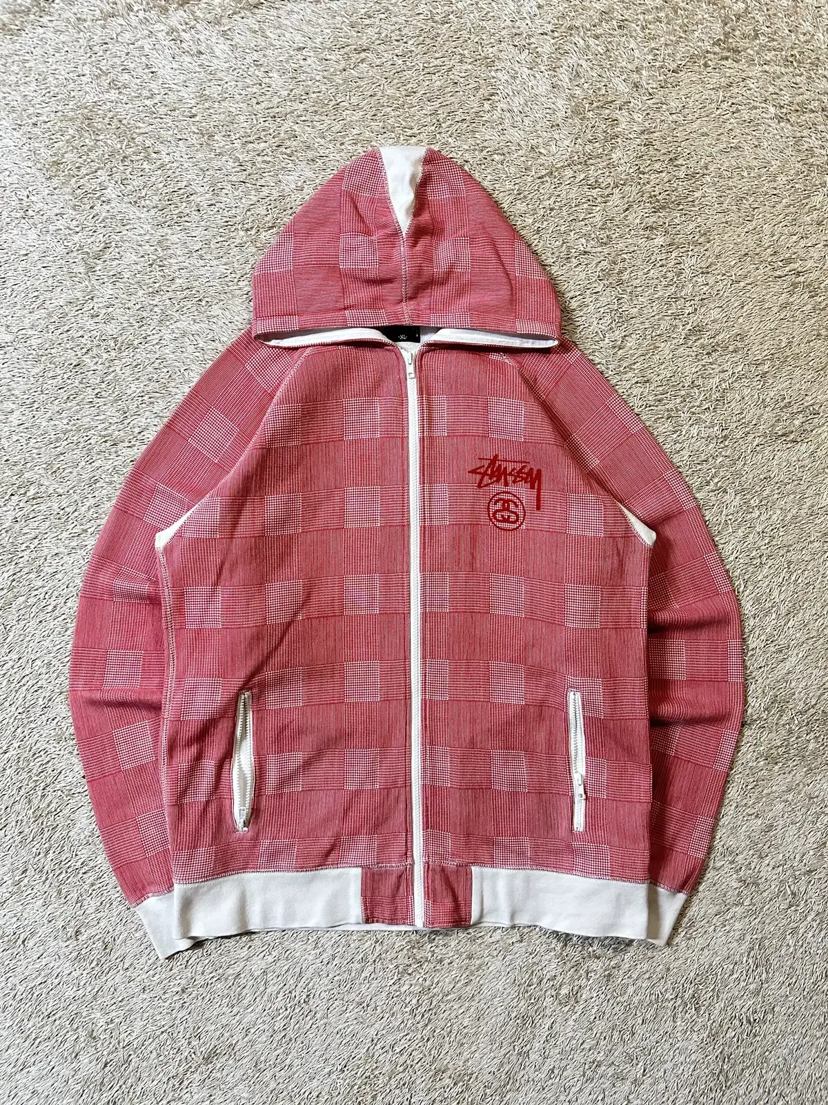 [XL] Rare) 00s Stussy STUSSY Ascentic Stock Logo Check Hoodie Zipped Up