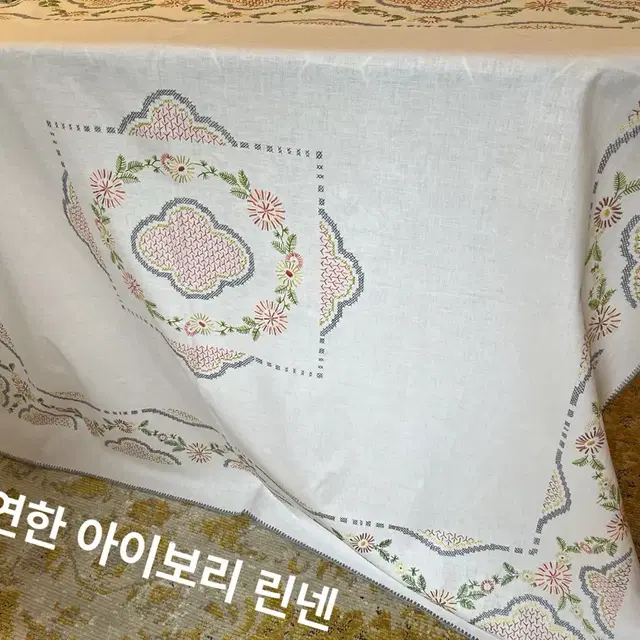 150x133cm/독일 빈티지 손자수 꽃밭 테이블보