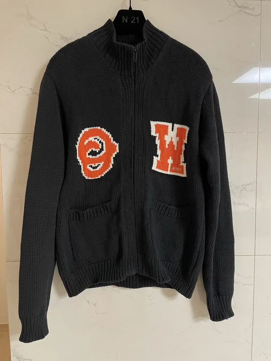 Off-white logo patch knit zip-up