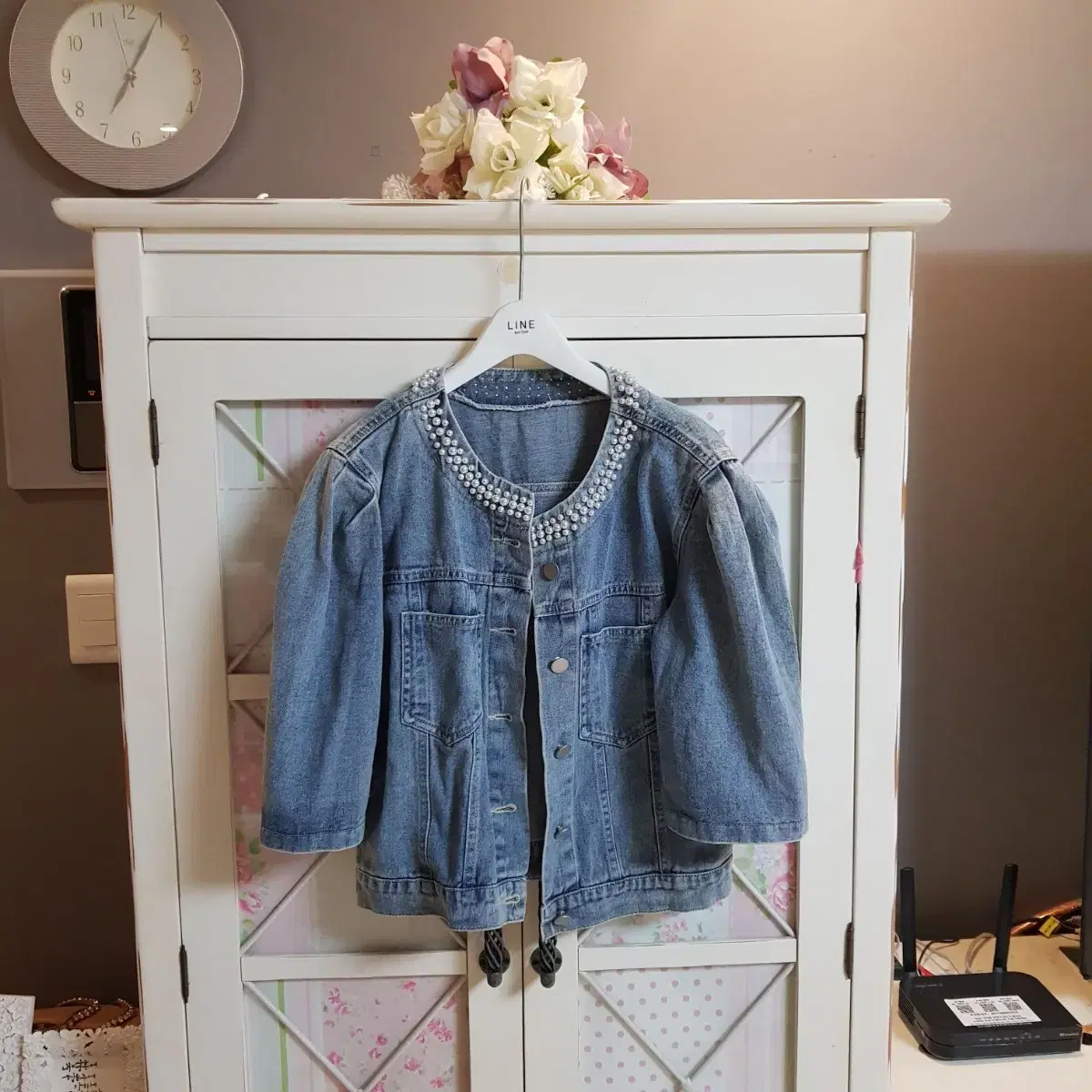 Denim jacket with pearls/55-66