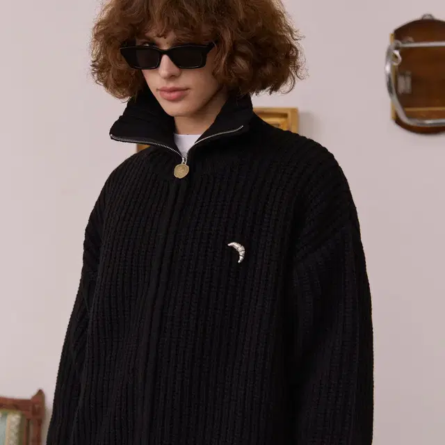 [M] STU High Neck Zip Up Sweater Black