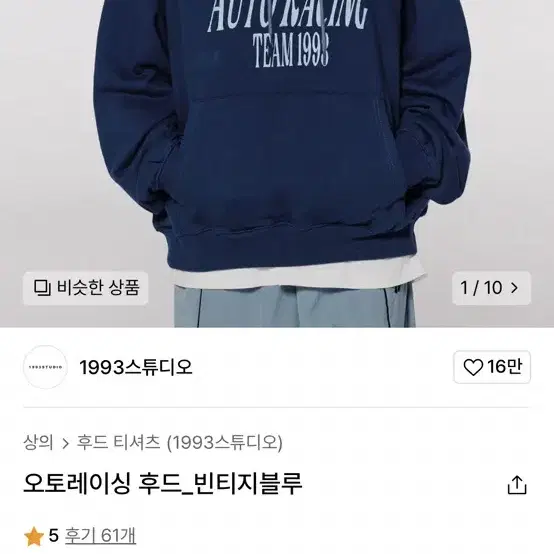 무신사 1993스튜디오 후드티 오토레이싱 후드_빈티지블루