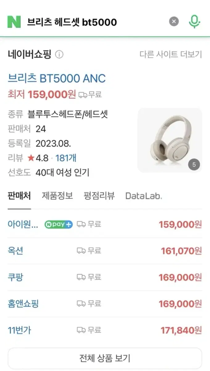 미개봉) 브리츠 블루투스 스테레오 헤드셋 BT5000 ANC 아이보리