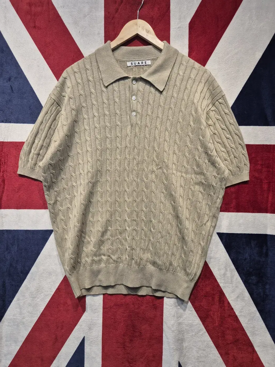 [L] Suare Washable Cable Knit Short Sleeve Beige