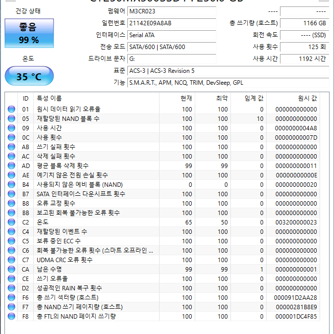 외산 240~256GB SSD 1만시간 이하