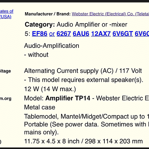 Webster Electric TP-14 6V6 모노모노 파워