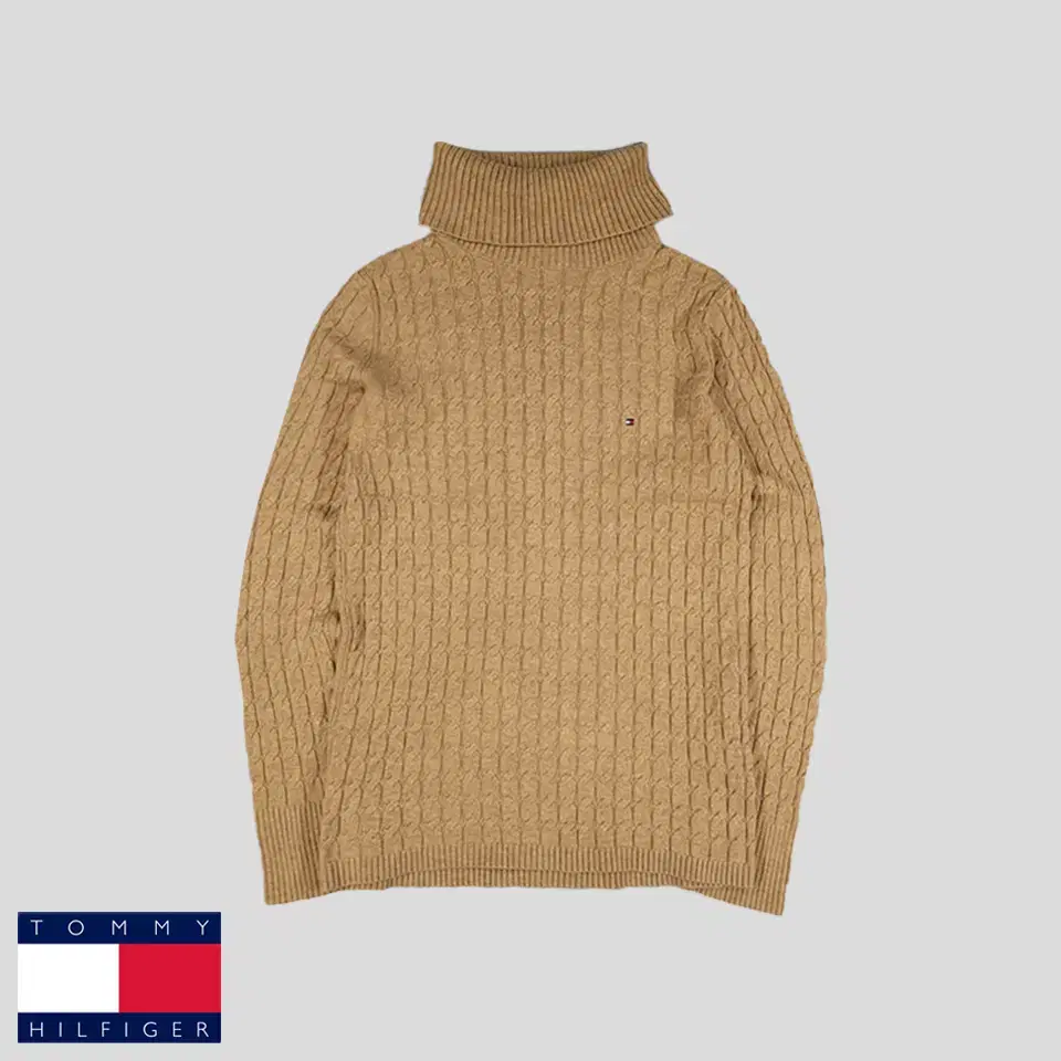 Tommy Hilfiger Camel Brown Beige Tommy Logo Lining Cable Twisted Pattern Elbow Patch