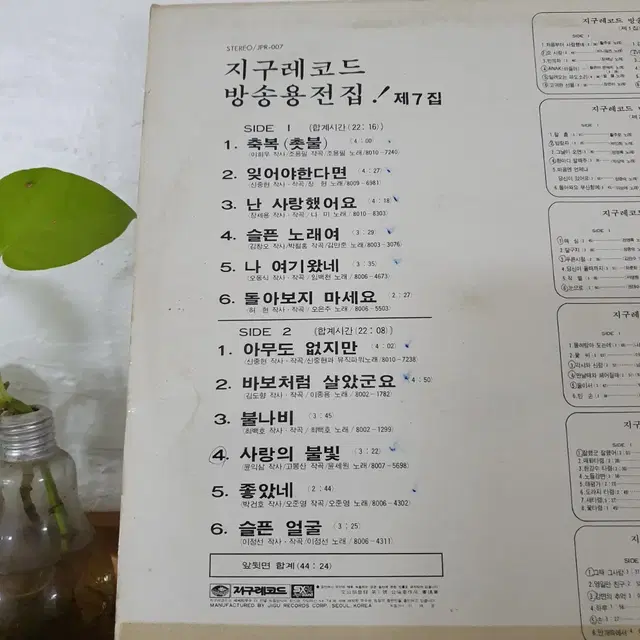 지구레코드 방송용전집 제7집 LP  1981   백색레이블   귀한음반