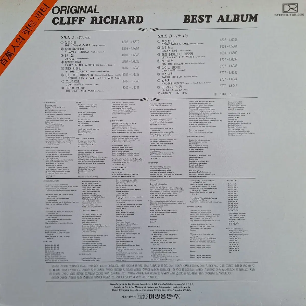 국내라이센스반/Cliff Richard Best Album LP