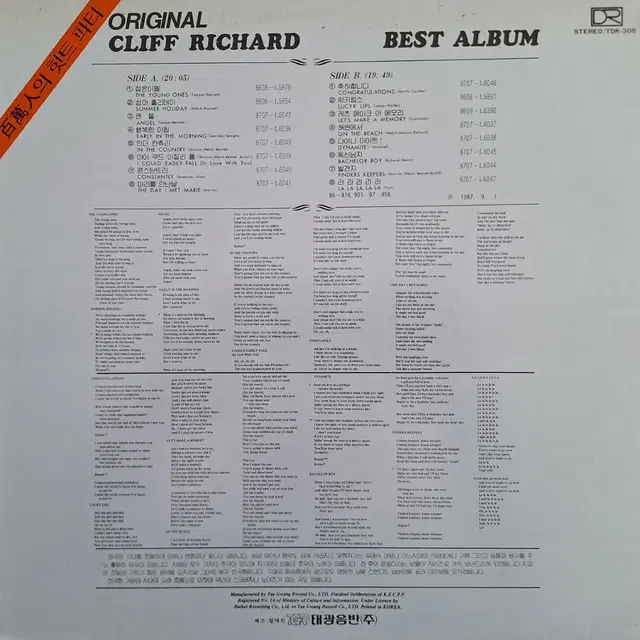 국내라이센스반/Cliff Richard Best Album LP