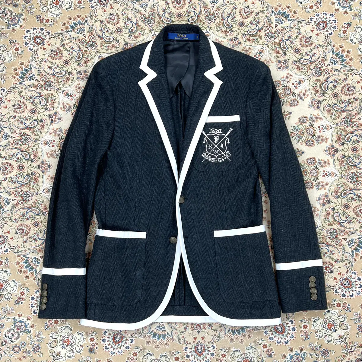 [Grade B+, 95] Polo Ralph Lauren Rowing Club and Pen Patch Black Herringbone Brass Piping Jacket