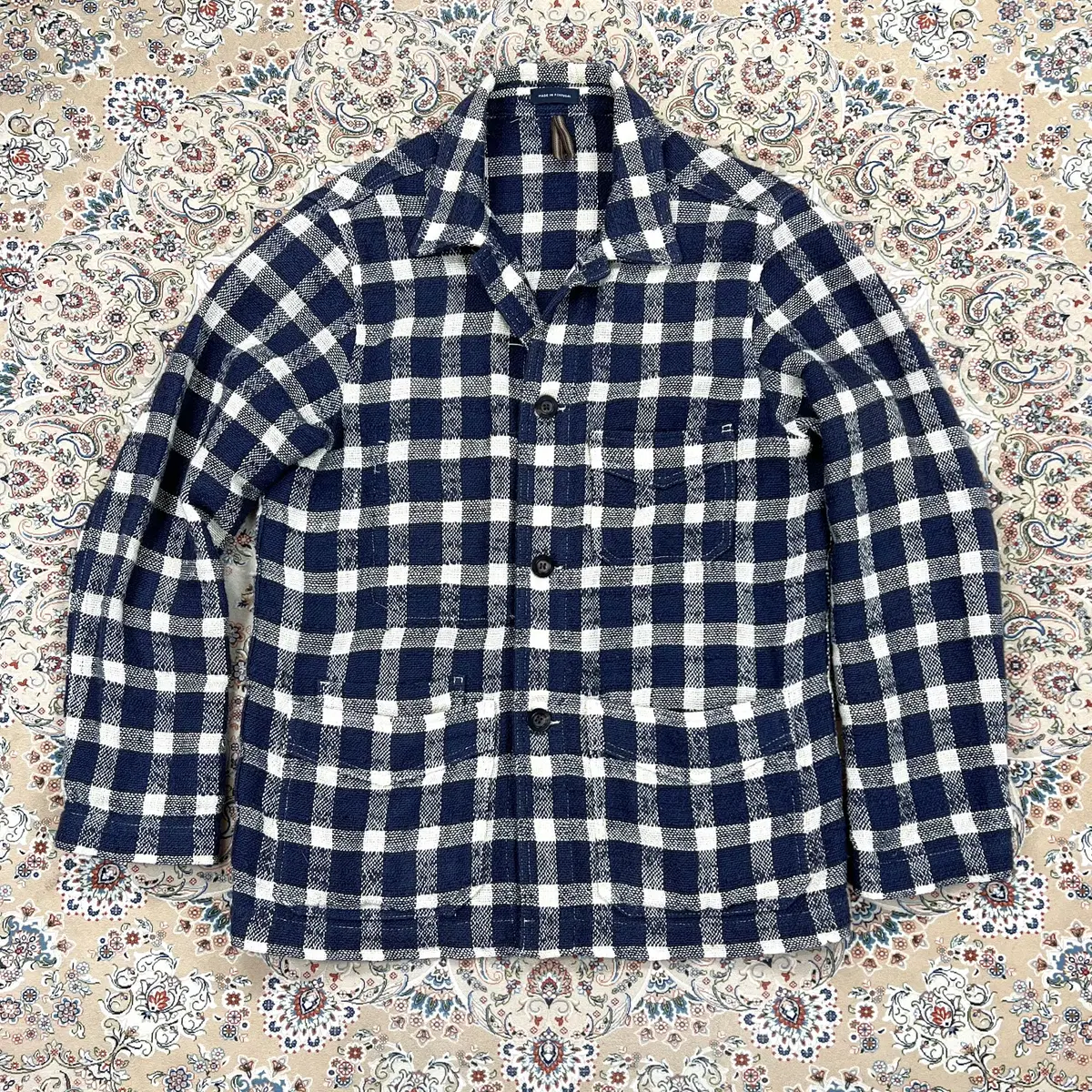 [A+ Rating, 36-38 recommended] DREX Navy Square Check Heavyweight Linen Chore Jacket