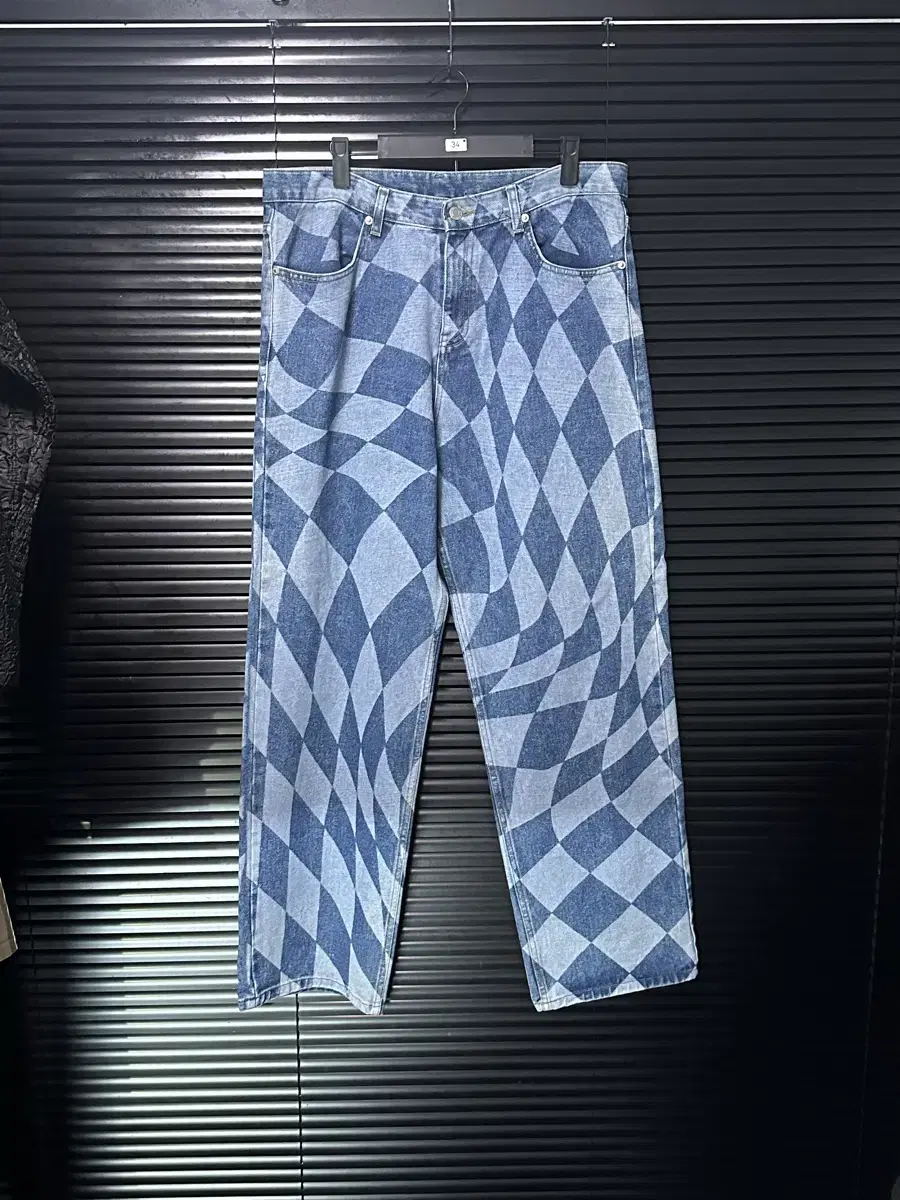 No Manual Checkerboard Denim Trousers Pants Wide Street 35 36