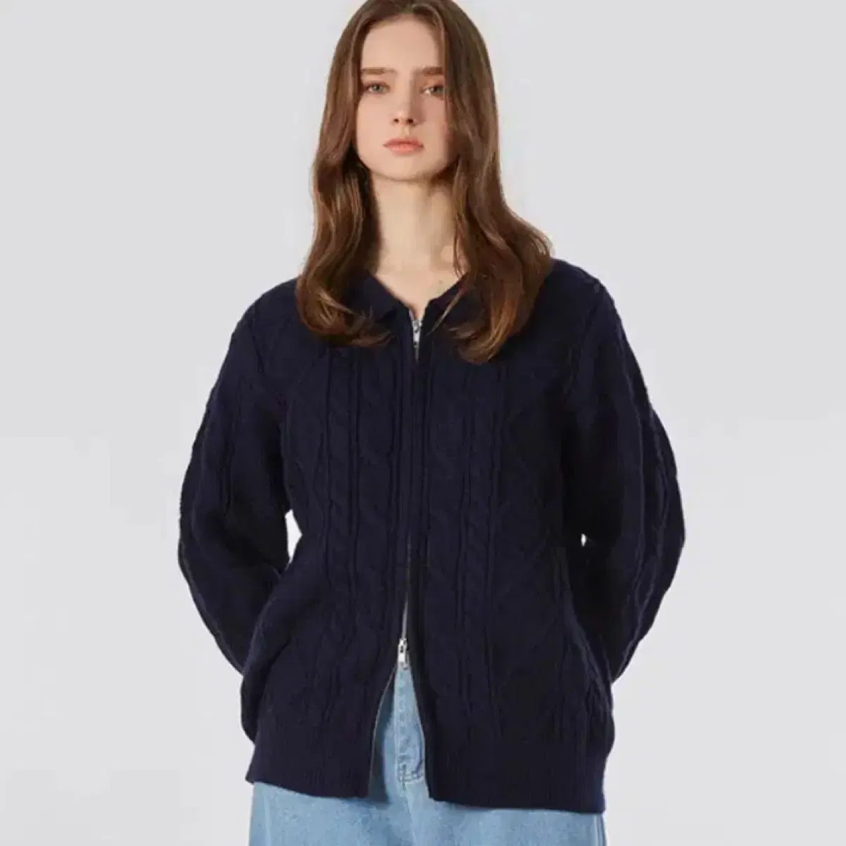 M) GLW kara Cable Knit Zip-up Navy