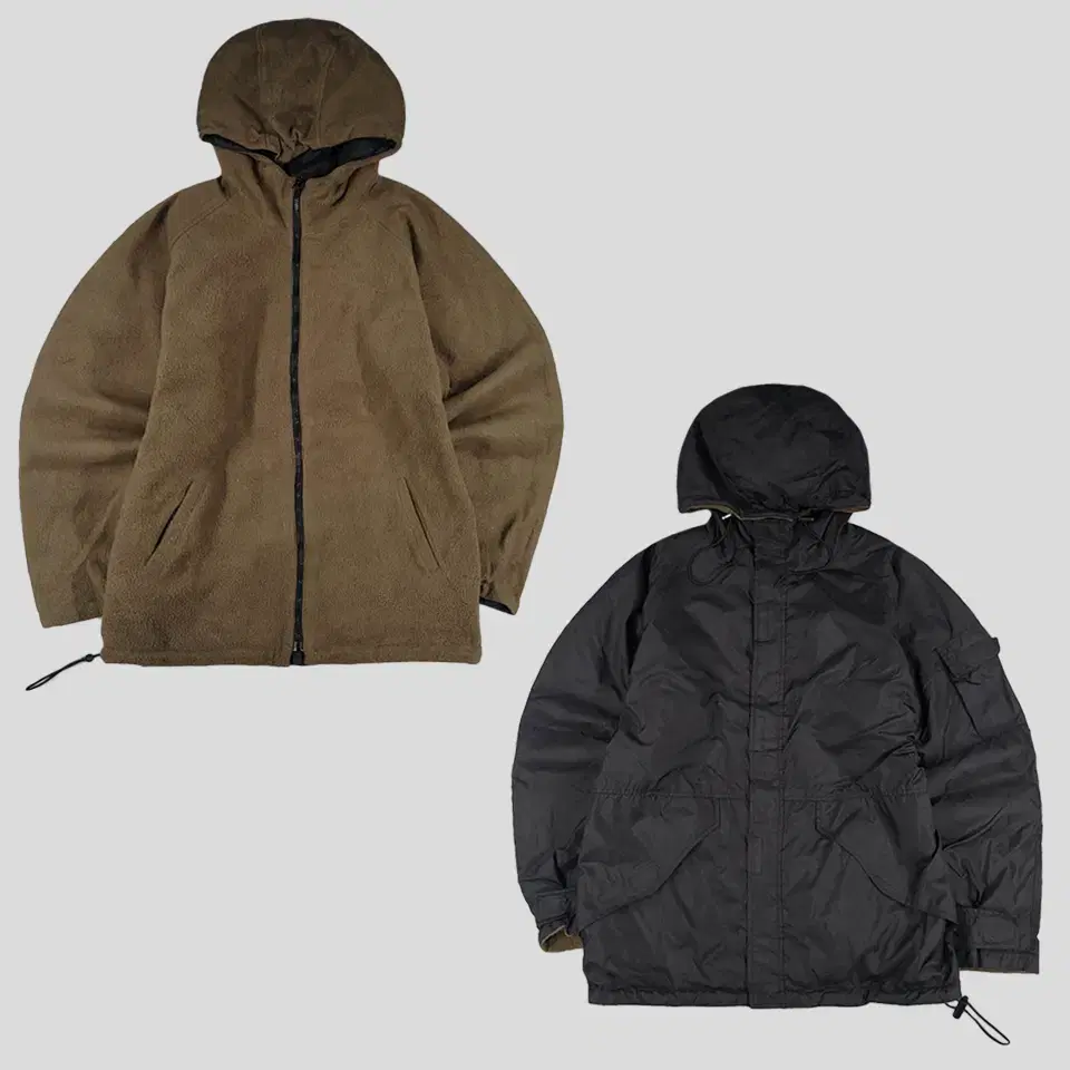 SHOOT ONE Black Khaki Reversible Fleece Hooded Windbreaker L