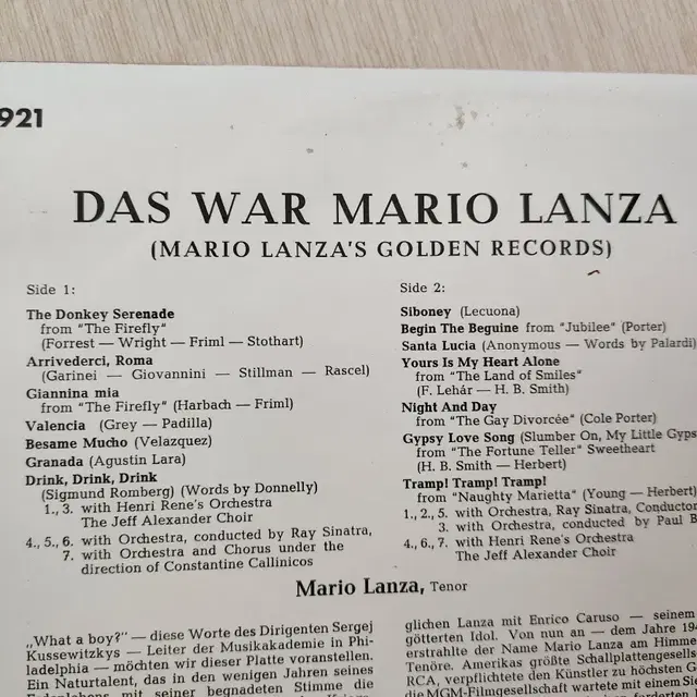 Mario Lanza 빈티지 팝 LP 1장 매리오 랜저