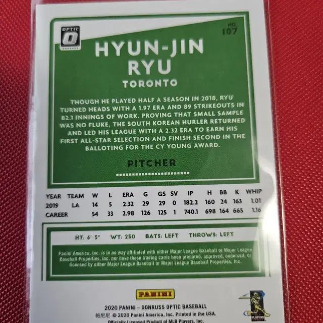 류현진 2020 Panini Optic base 카드