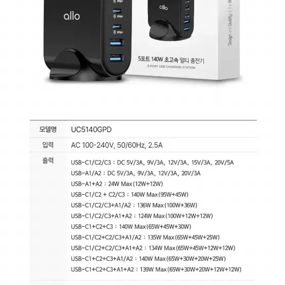 알로코리아 5포트 140w 초고속 멀티충전기 새상품