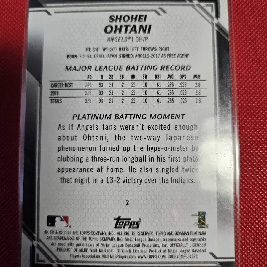 오타니 2019 Bowman Platinum 카드