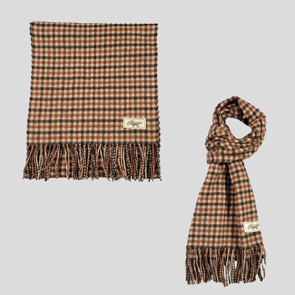 Vintage brown beige check patterned amecage cashmere 100% tesle muffler scarf