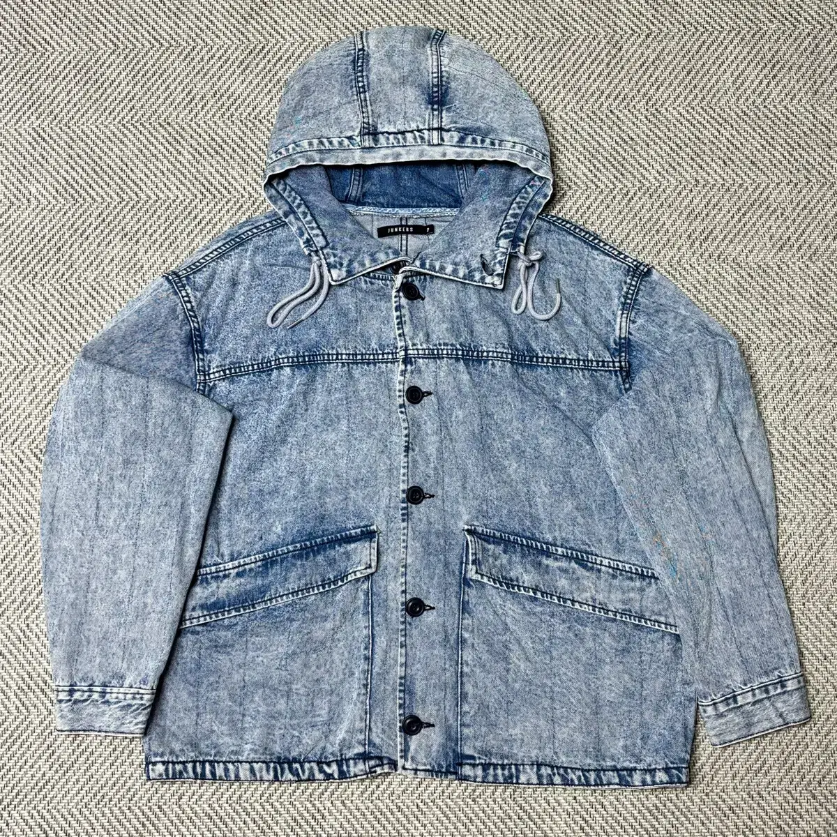 JUNKERS VTG Snow-Washed Cropped Bomber Hooded Denim Jeans Jacket