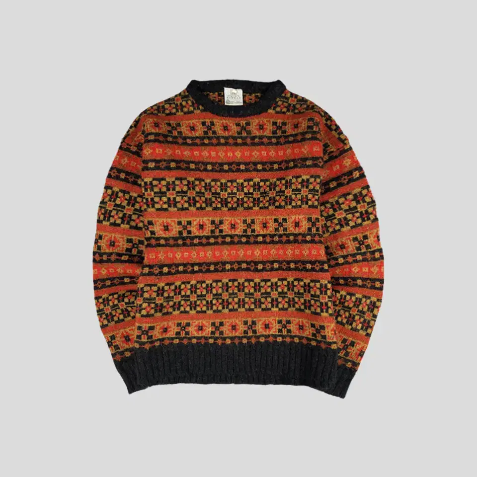 BONNER Red Black Orange Colorblocked Fair Isle Pattern Heavyweight Round Neck Hand