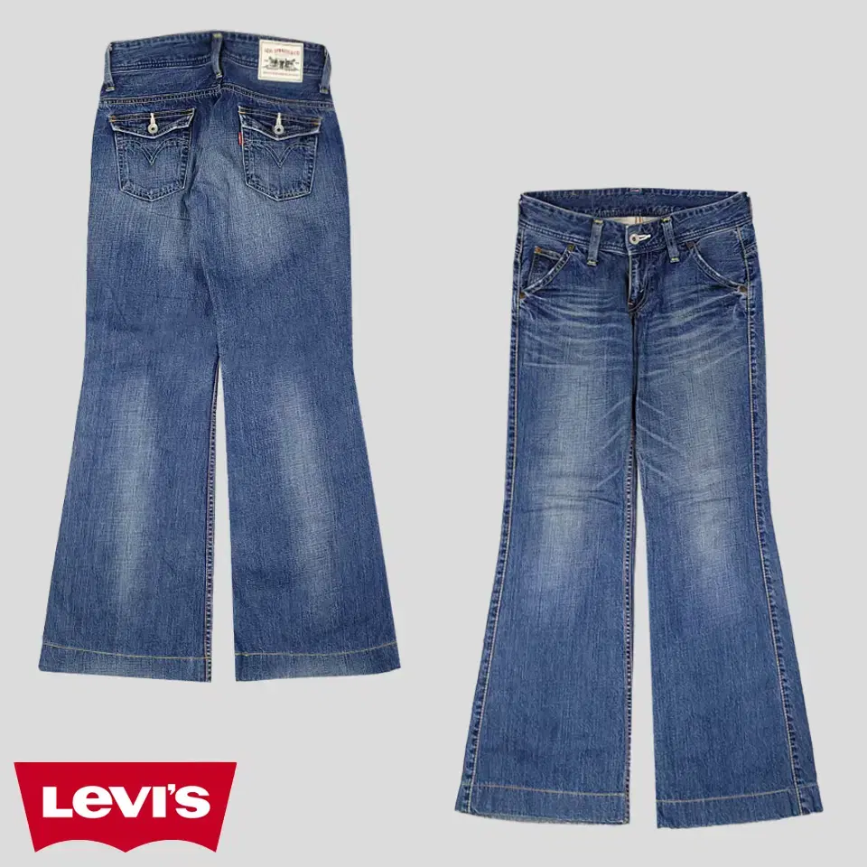 Levis JP 00s Mid-Blue Washed Leather Tab Low-Rise Bootcut Jeans Denim Pants