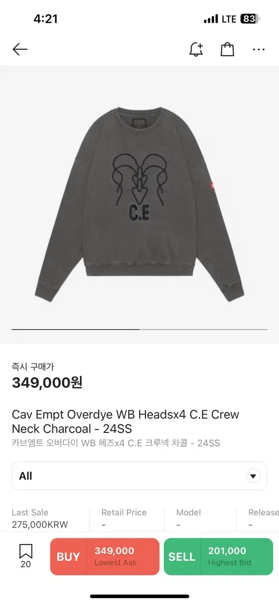 CarveMt Overdyed WB HeadsX4 C.E Crew Neck Charcoal