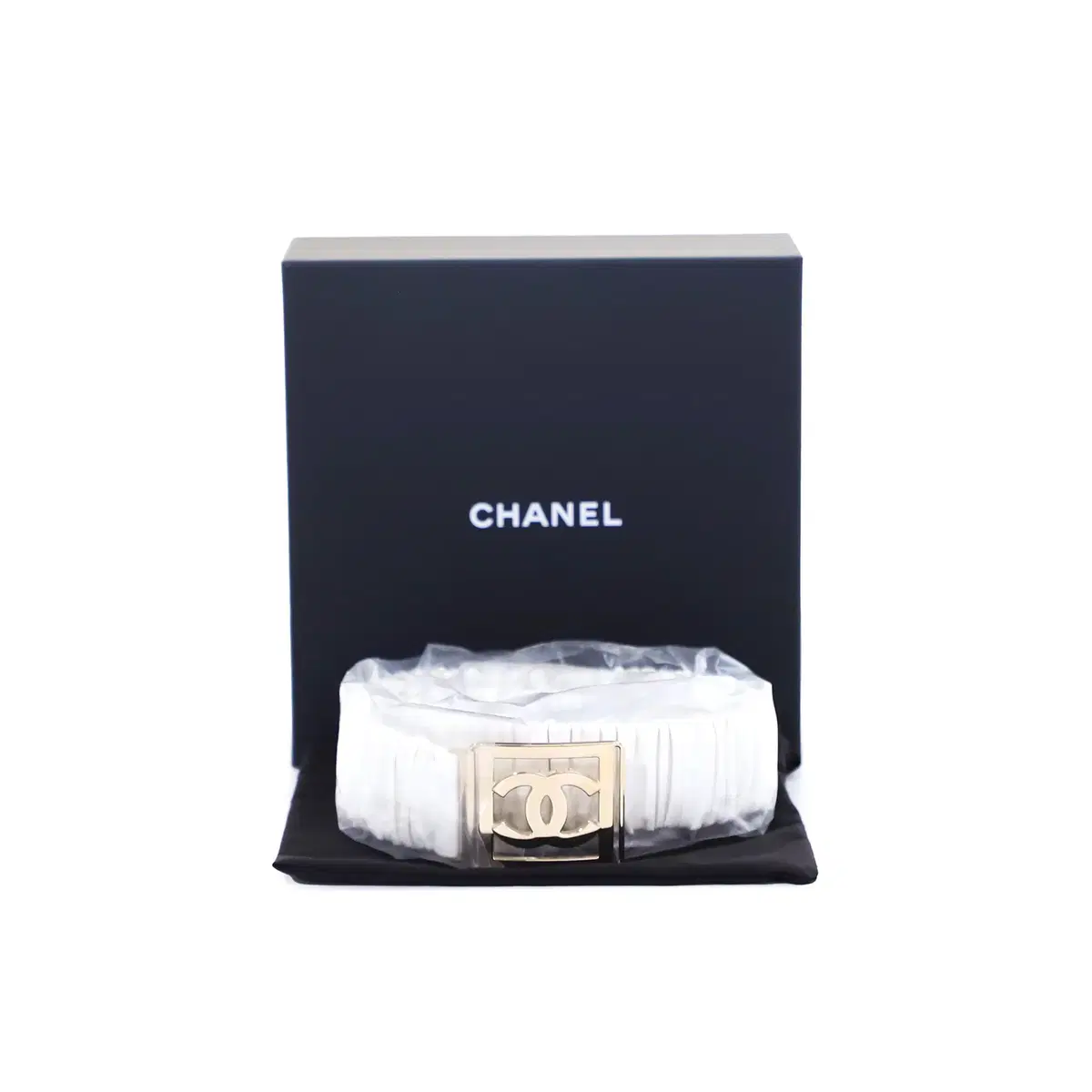 Chanel Chanel AA8782 White Banded Lambskin Keum CC Women's Belt