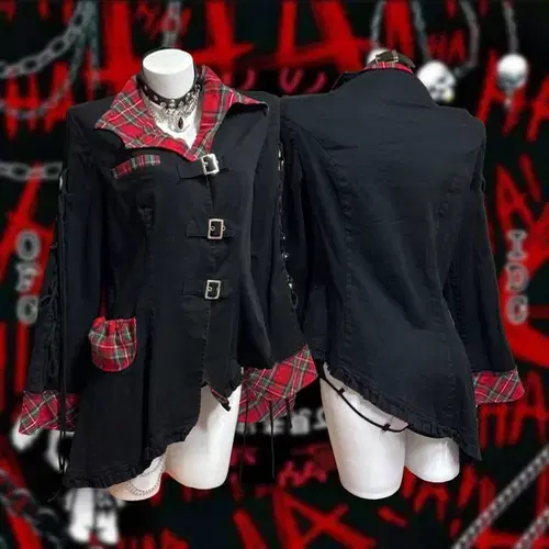 Body line red check punk jacket 매드펑크 캐캐체