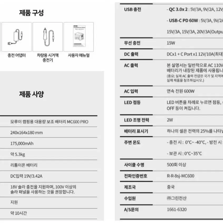 새제품 파워뱅크 MC600 PRO 대용량 보조배터리 캠핑용품 모루이 캠핑