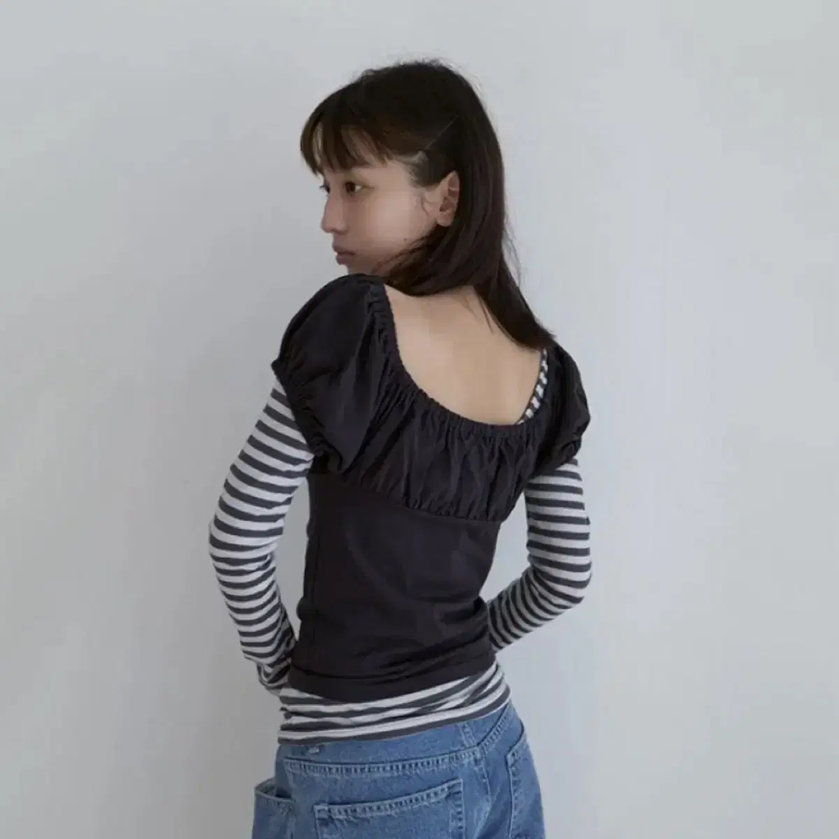 노컨텐츠 Shirring layered stripe T