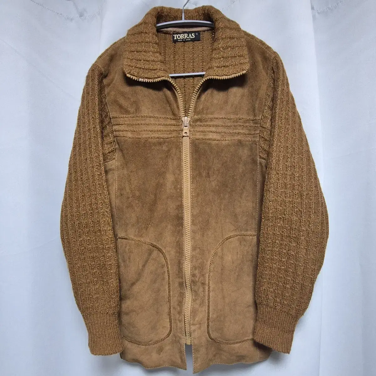 Vintage Brown Camel Suede Knit Overcoat Jacket Jumper Zip-up @Final Price