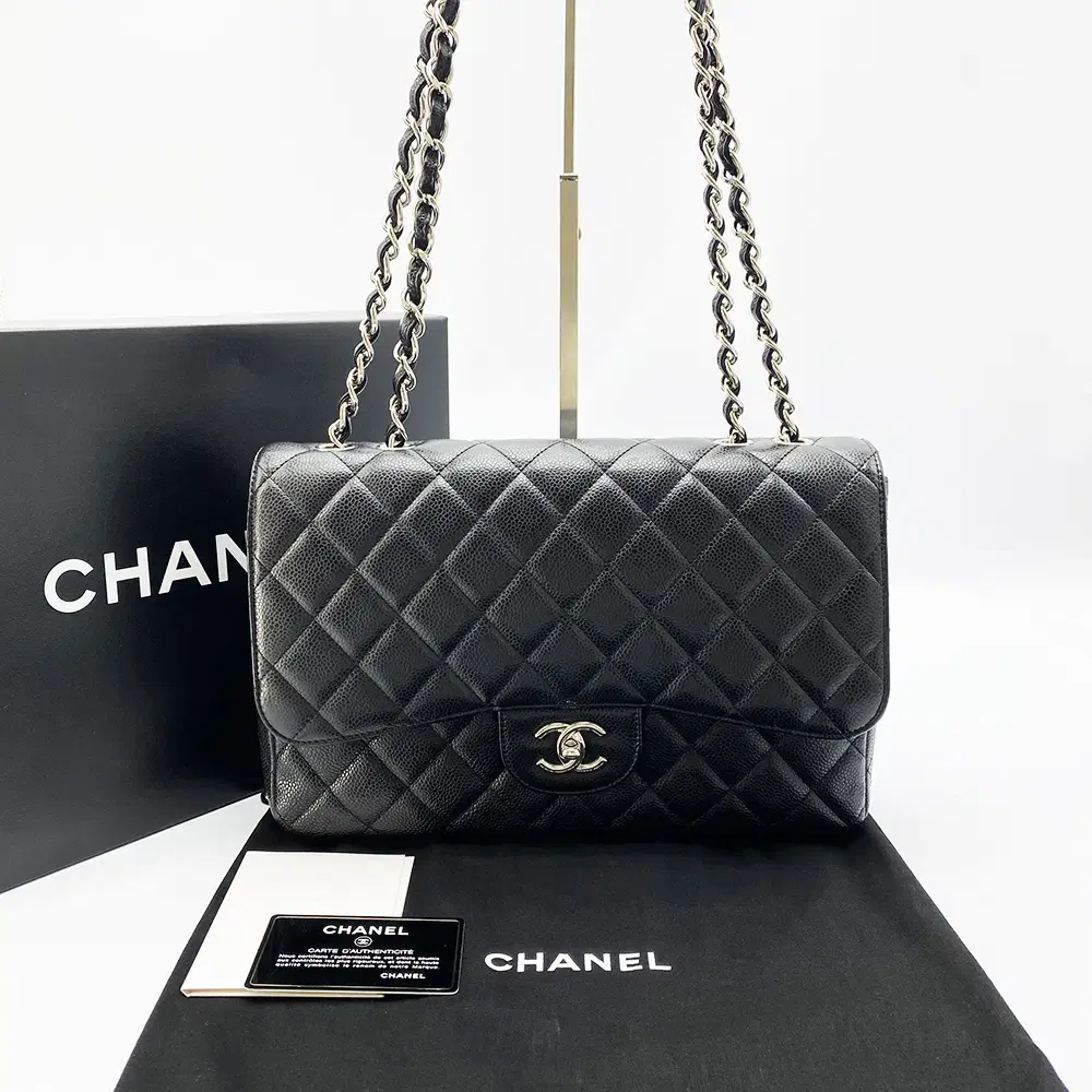 Chanel Caviar Classic Jumbo Large Silver Crossbody Shoulder Bag Black