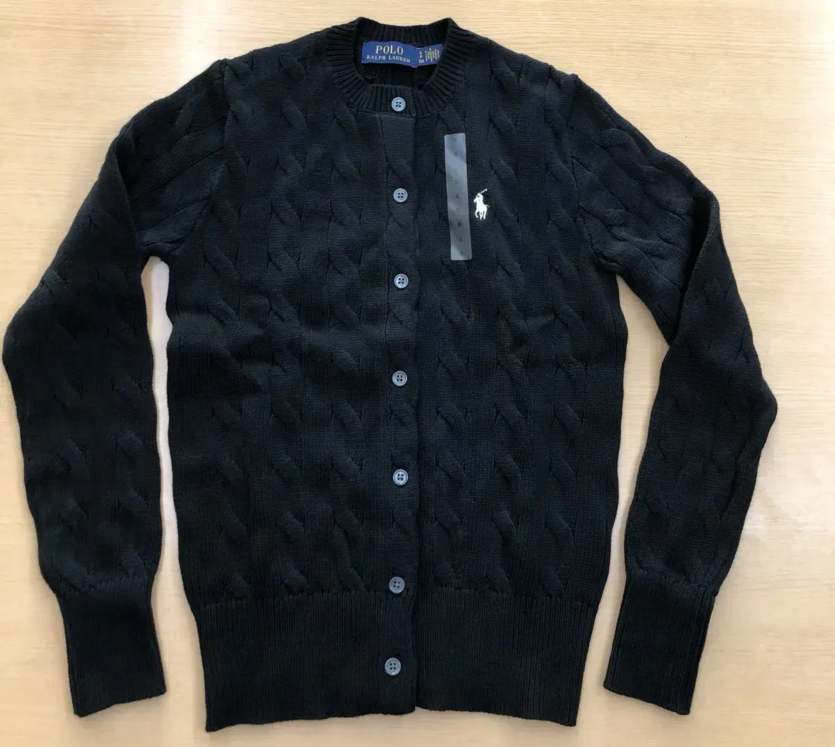 (New) Polo Ralph Lauren Cable Knit Cotton Crewneck Cardigan Genuine Black for Size S