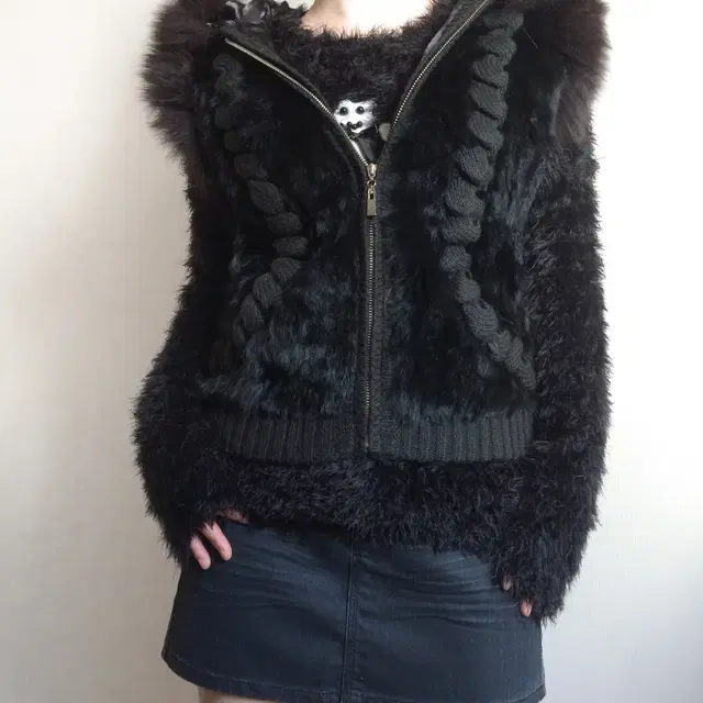 Fur mixed hood vest zip up