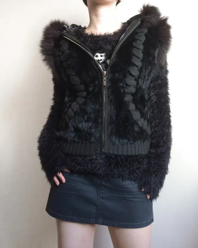 Fur mixed hood vest zip up