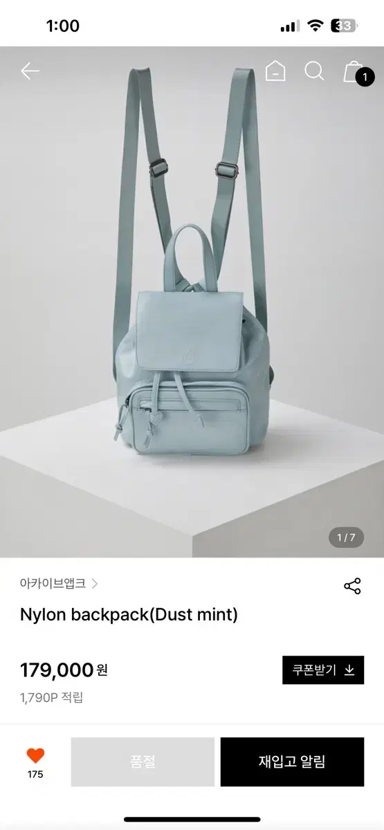 아카이브앱크 Nylon backpack dust mint 백팩